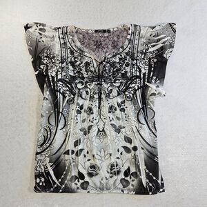 Apt 9 Top Women Medium Black White Sublimation Stretch V-neck Flutter Sleeve New